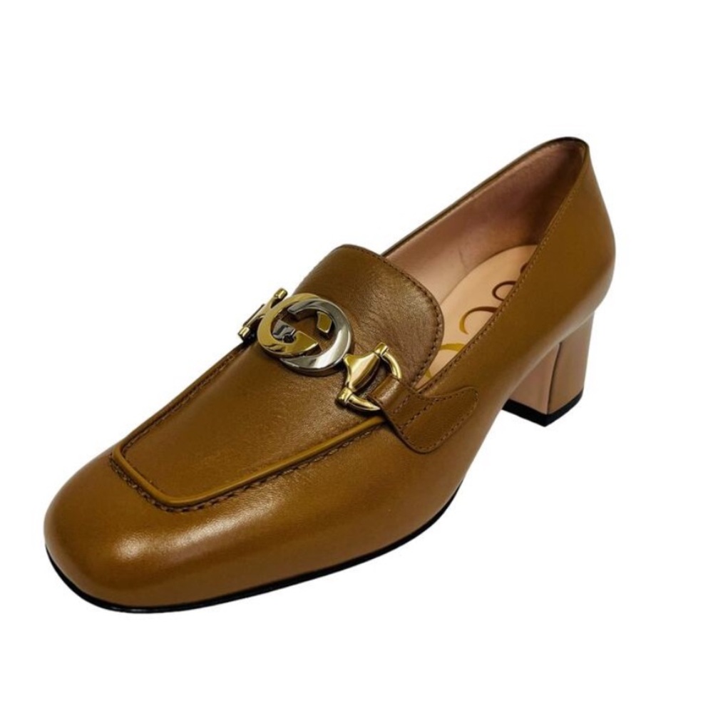 GUCCI Brown Leather Interlocking G
Zumi Logo Square Toe Block Heel
Loafers NEW - Picture 4 of 8